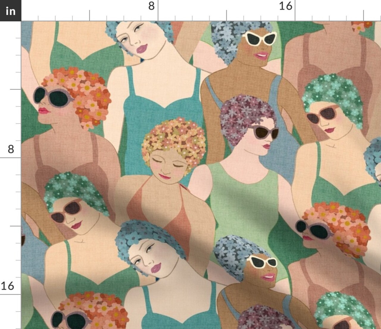 Art Deco Ladies Swimming Lake House Swim Cap Summer Camp Women Outdoor Living Vintage Vacation Home Retro Antique Bohemian Eclectic Flowers Custom Printed Fabric by Spoonflower Various Fabrics by the Yard or Fat Quarter